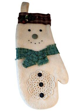 Handmade Christmas Snowman Stocking Mitten Crochet Detail 19 Inch VTG #D-51